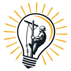 Lineman climbing utility pole inside a glowing light bulb representing electrical power and innovation
