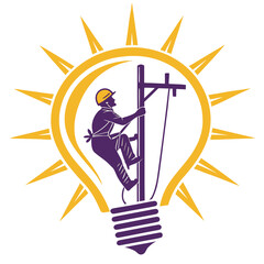Lineman climbing utility pole inside a stylized light bulb with sun rays symbolizing energy and innovation