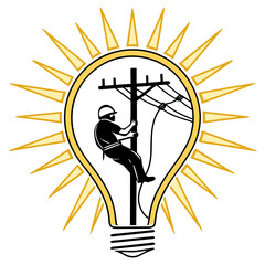 Lineman working on power lines inside a light bulb with sunburst rays symbolizing energy and ideas