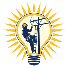Lineman working on power lines inside a stylized light bulb with sun rays symbolizing energy and innovation