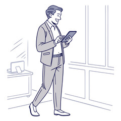Smiling businessman in a suit walking and looking at a tablet device in a modern office setting