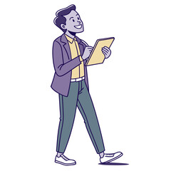 Smiling businessman in casual attire walking and holding a tablet computer with a focused expression