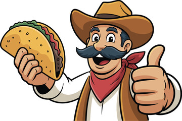 Cartoon Mexican man holding taco, thumbs up gesture, traditional food illustration, happy chef character, taco mascot design, Mexican cuisine vector, fiesta celebration artwork.