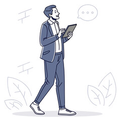 Smiling businessman in suit walking and using a tablet with a speech bubble above his head