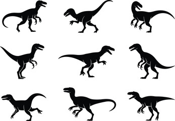 Collection of velociraptor dinosaur silhouettes vector illustration, prehistoric predator poses, Jurassic wild creatures, ancient reptiles, dangerous carnivores, evolution animal shadow icons