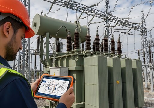 Electrical engineer using digital tablet for transformer inspection at power substation