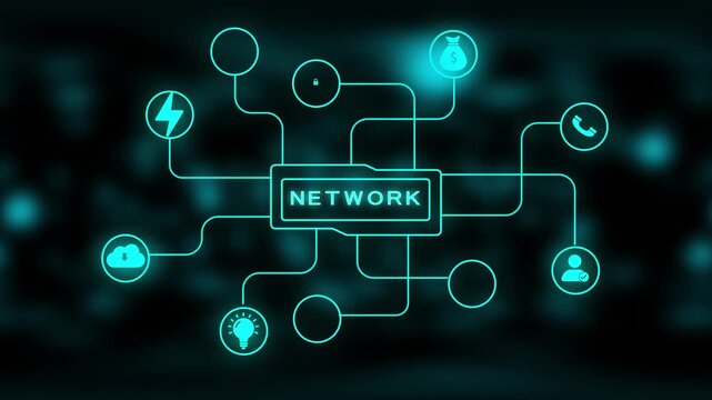 Digital network diagram with the word NETWORK in the center and glowing teal lines connecting to nodes on a dark blurred background Keywords: network, connection, technology, digital