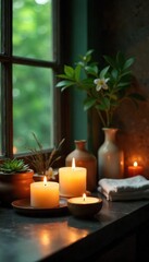 Serene spa ambiance featuring flickering candlelight, essential oil diffusers, and lush greenery, creating a tranquil and relaxing atmosphere for ultimate self-care ,  relaxation,  meditation