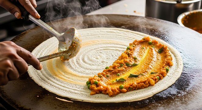 Preparing masala dosa batter on griddle with potato curry