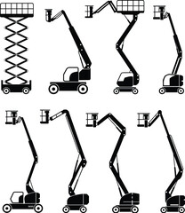Aerial work platform, boom lift, scissor lift, articulated arm, telescopic lift, construction equipment, silhouette, flat vector illustrationAerial work platform, 