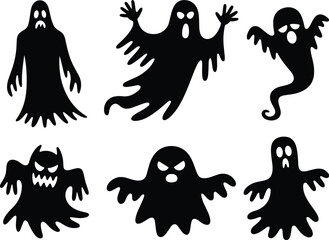 Halloween ghost silhouettes vector illustration, spooky scary spirit icons, haunted creepy monster shapes, horror phantom clipart design for decoration, celebration, party theme © Creatives Mind