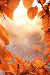 Spiderweb glistening with dew drops among autumn leaves in the morning sunlight