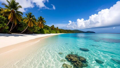 Tropical beach paradise featuring palm trees white sand and crystal clear water