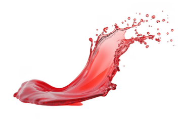 Dynamic red liquid splash, juice, or water with droplets flowing in air, perfect for design elements and visuals isolated on transparent background