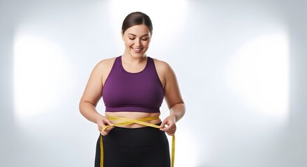 Happy woman measuring waist with tape in fitness attire, health and weight loss concept