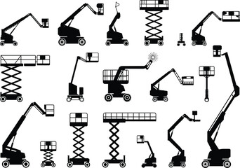 Aerial work platform silhouettes, boom lift types, scissor lift icons, construction equipment, industrial access machines, flat vector illustration © Merajul