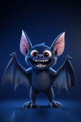 Cheerful cartoon bat with big smile and wings spread on a dark blue background
