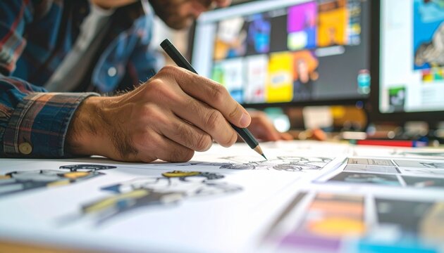 Person designing graphics on paper creative design process indoor setting