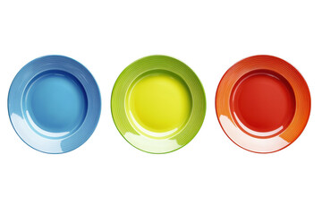 Set of three colorful plates: blue, green, and red dinnerware, kitchen utensils, dining plates, isolated on transparent background