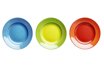 Set of three colorful plates: blue, green, and red dinnerware, kitchen utensils, dining plates, isolated on transparent background