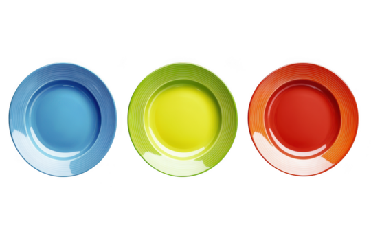 Set of three colorful plates: blue, green, and red dinnerware, kitchen utensils, dining plates, isolated on transparent background