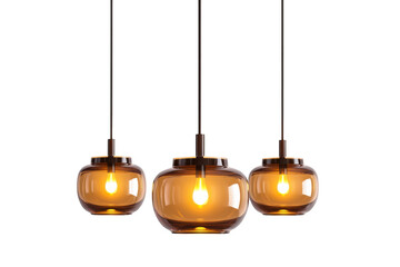 Three pendant lights fixture, amber glass hanging lamp, modern lighting design, interior decor isolated on transparent background