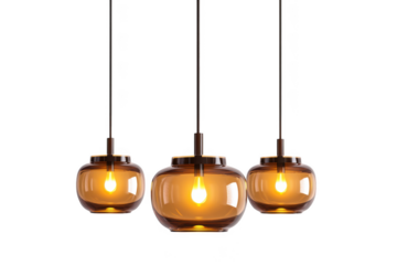 Three pendant lights fixture, amber glass hanging lamp, modern lighting design, interior decor isolated on transparent background
