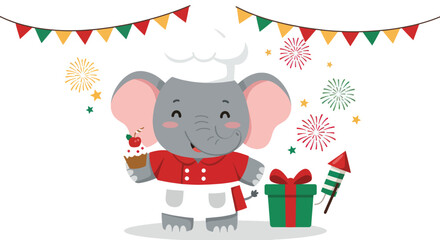 Naklejka premium A cartoon elephant chef holds a cupcake next to a gift and fireworks