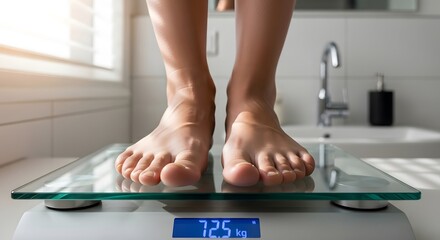Morning routine with a digital bathroom scale in a bright home interior focusing on fitness goals and healthy lifestyle