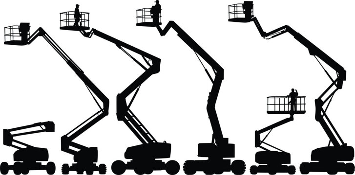 Boom lift types, construction equipment, aerial work platforms, silhouette comparison, industrial machines, flat vector illustration, maintenance tools, elevation access, safety gear