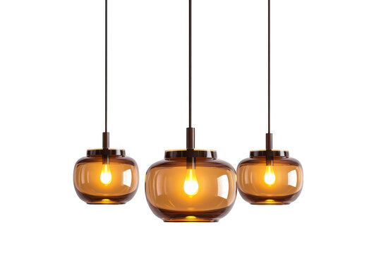 Three pendant lights fixture, amber glass hanging lamp, modern lighting design, interior decor isolated on transparent background