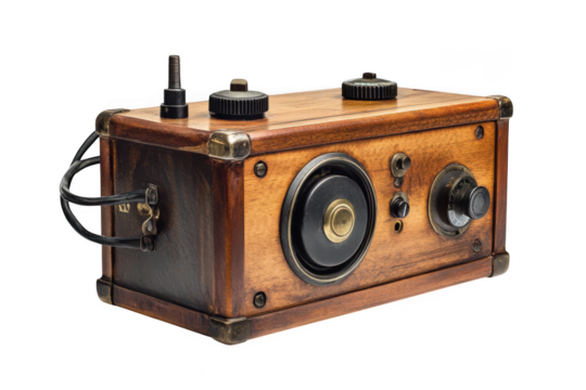 Antique wooden radio receiver vintage technology audio device communication equipment isolated on transparent background