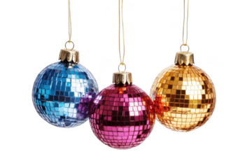 Hanging christmas disco balls ornaments blue pink gold holiday decorations party celebration isolated on transparent background