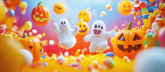 Festive halloween scene with pumpkins ghosts and candy corn decorations