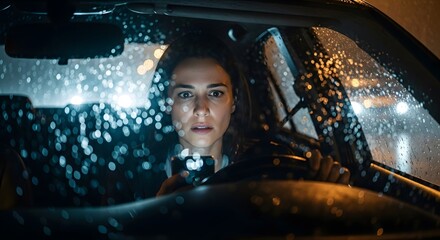 Nighttime driving in rainy conditions with woman holding smartphone in dimly lit car interior