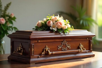 Elegant, engraved wooden casket with a delicate floral arrangement inside, symbolizing remembrance and peace  Perfect for sympathy, funeral, or memorial imagery ,  keepsake,  coffin,  tribute