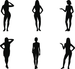  Silhouette vector illustration of women in standing poses, stylish female body outlines, elegant fashion models collection design isolated on white background