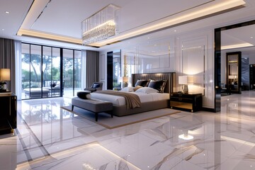 Luxurious master bedroom showcasing elegant interior design with marble flooring and crystal chandelier