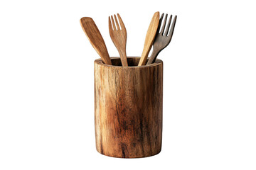 Wooden utensil holder with forks and spoons, rustic kitchen decor, natural wood grain texture, isolated on transparent background