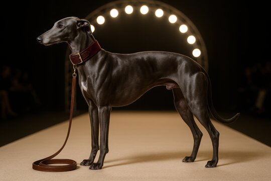 Greyhound dog with glossy coat, velvet collar and leather leash standing on runway with spotlight arch for London Fashion Week