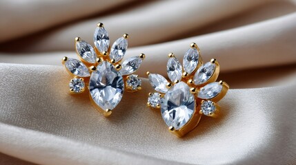 Fototapeta premium Close-up of elegant gold earrings with marquise-cut diamonds resting on silk fabric