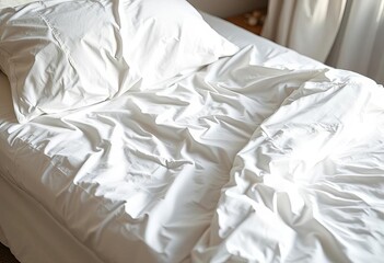 Crisp, wrinkle-free white bed sheets on a bed, soft, simple