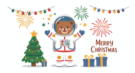 Fototapeta premium A cartoon bear in an astronaut suit with a Christmas tree and gifts