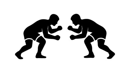 Two wrestlers in silhouette ready for a match.