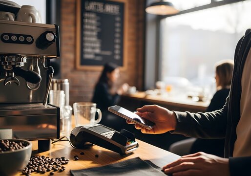 Contactless payment in cozy coffee shop setting with natural light and modern ambiance for social gatherings