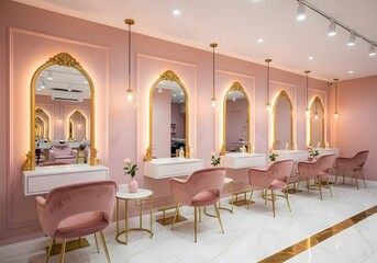 Elegant salon interior with luxury gold accents and pink decor for modern beauty retreat design
