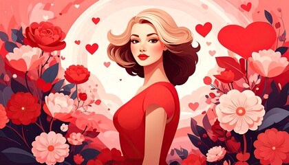 Woman in red dress surrounded by flowers and hearts