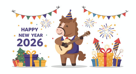 Happy New Year 2026 celebration with a horse playing guitar gifts and fireworks