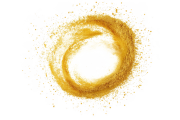 Abstract golden swirl glitter particle effect, round shape, gold dust, sparkle, shine, texture, golden powder, isolated on transparent background
