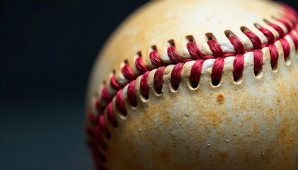 Close-up shot of colorful stitches on a worn-out baseball, highlighting the meticulous craftsmanship and the game's history , classic, material